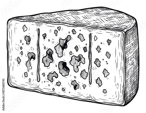 Detailed line art representation of a savory blue cheese wedge featuring distinctive mold and texture, ideal for gourmet food menus, dairy product branding, or culinary publication graphics.