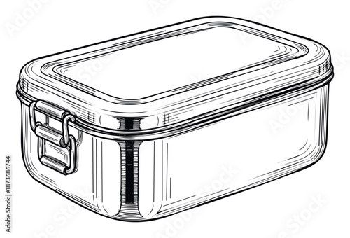 Metal lunch box or food container rendered in a traditional handdrawn sketch style, suitable for packaging designs, kitchenware catalogs, or vintage culinary themes