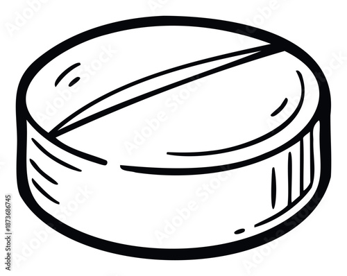A simple handdrawn black and white depiction of a round medication tablet with a scored line, perfect for healthcare, pharmacy, or medical supply advertisements and educational materials.