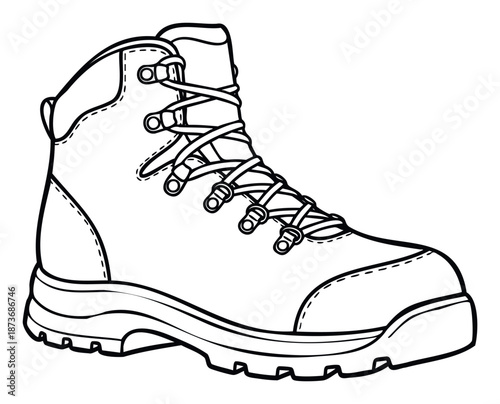 Detailed black outline of a strong utility boot, ideal for illustrating hiking footwear, construction worker safety, or outdoor recreation equipment in various media.