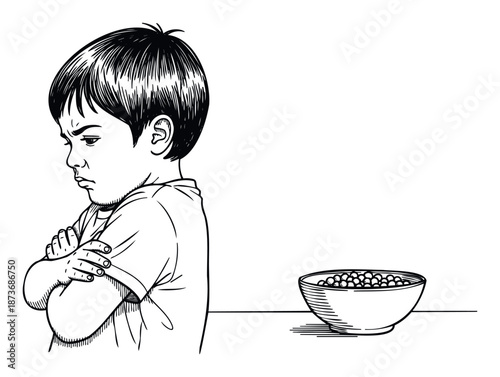 A sulking young child with crossed arms expresses frustration while looking away from a bowl of food, ideal for conveying picky eating or disobedient behavior in familyrelated content.
