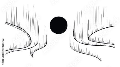 Abstract black and white hand drawn stylized aurora borealis graphic with a central sun or moon design perfect for modern digital backgrounds or visual presentations
