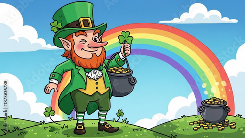 Cheerful cartoon leprechaun holding pot of gold and shamrock under rainbow on st patricks day