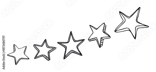 Hand drawn sketch of five stars growing in size diagonally representing quality review feedback or customer satisfaction ratings for various marketing and educational materials