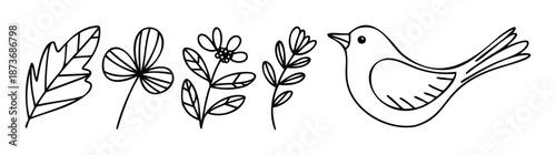 Simple line art botanical and animal elements featuring various leaves, a blooming flower, and a charming bird drawing suitable for nature themed crafts, educational content, or sweet