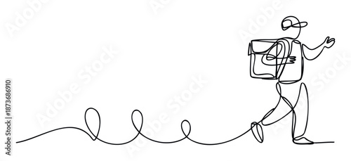 Dynamic continuous line graphic depicting a delivery person with a backpack and cap walking forward, creating a fluid wavy trail, useful for modern logistics and swift service applications.