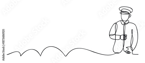 Minimalist continuous line drawing of a professional service staff member in a formal uniform with a cap, ideal for hospitality, customer service, or exclusive event branding projects.