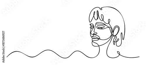 Minimalist continuous line drawing of a womans profile face representing elegance and simplicity for modern graphic design projects and contemporary branding aesthetics