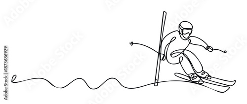 Dynamic continuous line drawing of an alpine skier racing slalom around a gate, perfect for winter sport event promotions and athletic lifestyle branding.