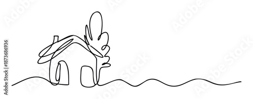 Smooth continuous line artwork depicting a simple house and a stylized tree, ideal for housing market promotions, environmental awareness campaigns, or cozy home decor concepts.