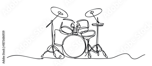 Continuous line drawing of a drum kit percussion instrument, perfect for music studio decor, concert promotional material, or educational resources for learning rhythms