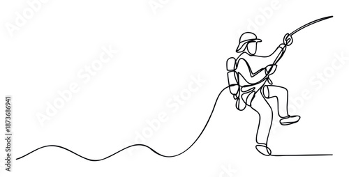 Continuous single line drawing depicts a climber wearing a helmet and backpack rappelling down a cliff, perfect for illustrating outdoor adventure sports, perseverance, and overcoming