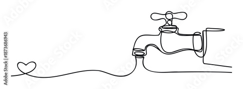 Minimalist continuous line art showing a heart connected to a faucet, conveying ideas of water affection, resource preservation, and environmental responsibility, perfect for awareness