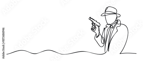Continuous line drawing of a mysterious man in a fedora hat and trench coat holding a gun, perfect for modern crime thriller movie posters or detective story book covers.