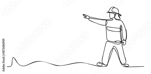 Continuous line drawing of a firefighter with helmet pointing forward, depicting safety and direction, suitable for emergency service promotions or educational materials.