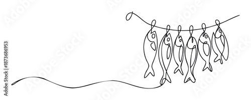 Continuous line drawing of six fish hanging on a fishing line or clothesline, ideal for culinary blogs, seafood restaurant menus, food packaging, and kitchen lifestyle content