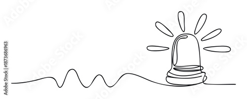 Continuous line drawing of an emergency siren or flashing warning light with radiating light beams and a dynamic wavy line, ideal for minimalist safety, alert, or alarm related visual