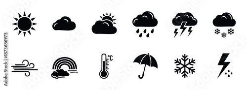 Comprehensive collection of black weather forecast symbols and meteorological condition signs for mobile apps, website interfaces, and infographic presentations.