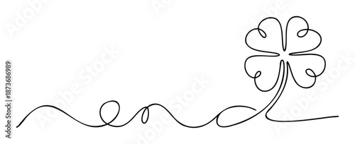 Minimalist continuous single line drawing illustrating the word end gracefully flowing into a lucky four leaf clover symbol, ideal for conveying closure, good fortune, and positive outcomes