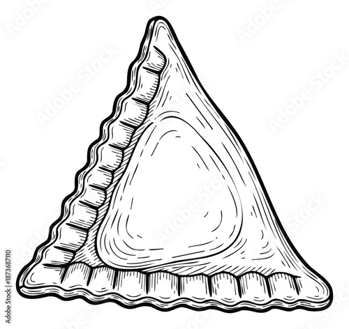 Outline drawing of a delicious triangular pastry with intricately crimped borders, perfect for illustrating food concepts in cookbooks menus and promotional materials.