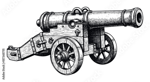 Vintage hand drawn cannon on wooden carriage, perfect for historical weapon illustrations, military history graphics, or antique defense equipment designs.