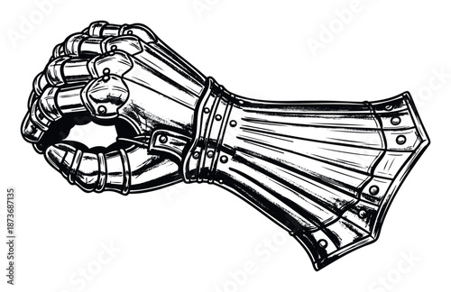 Bold black and white illustration of a knights iron gauntlet forming a strong fist, excellent for emblems, logos, or themed publications and apparel.