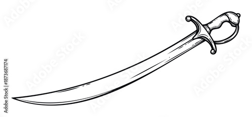 Black and white handdrawn saber sword graphic resource perfect for historical adventure games and pirate themed projects or ancient weaponry illustrations