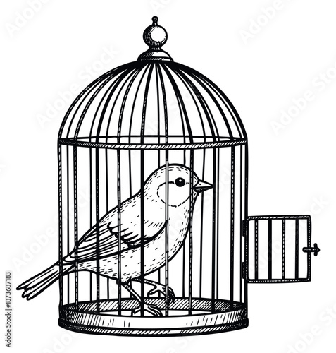 Detailed black and white sketch of a songbird inside an antique cage with the entrance left ajar, perfect for projects symbolizing hope, escape, or captivity