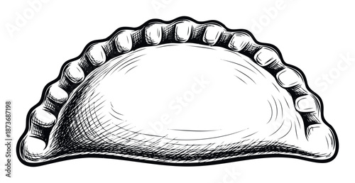 Handdrawn sketch of a traditional savory dumpling with crimped edges, perfect for food blogs, restaurant menus, or culinary event promotions.
