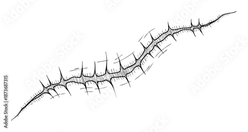 Abstract organic line art depicting a menacing barbed or thorny structure flowing diagonally suitable for horror themes grunge aesthetics and edgy visual content