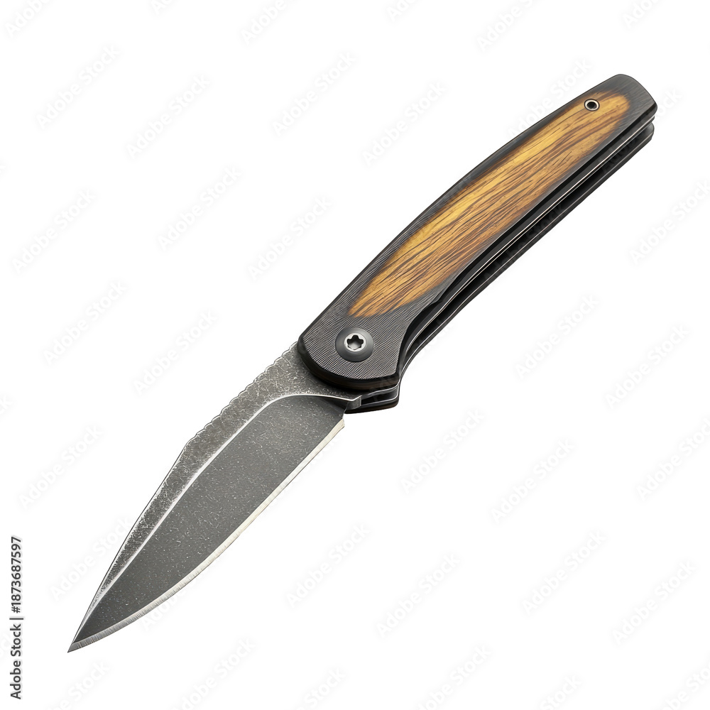 Obraz premium Detailed View of Pocketknife with Brown Wooden Handle and Textured Steel Blade Isolated on Transparent Background