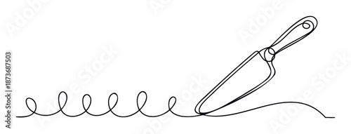 Minimalist single continuous line drawing depicting a kitchen chef knife seamlessly integrated with a series of looping organic shapes, suitable for culinary branding or food industry