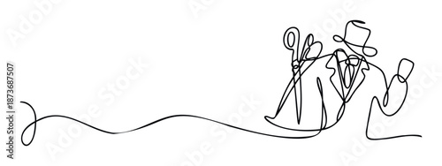 Elegant one line drawing depicting a sophisticated tailor or professional holding large scissors, perfect for promoting skilled craftsmanship, bespoke services, or creative business