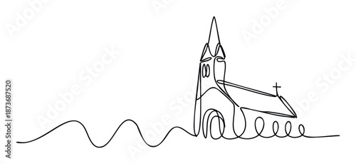 Simple continuous line drawing of a Christian church building featuring a steeple and cross, ideal for religious themes, spiritual concepts, or architectural graphic projects.