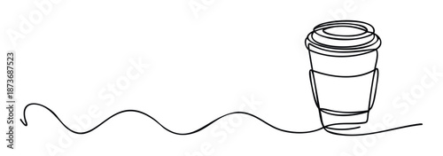 Smooth flowing single black line forming a takeaway coffee cup perfect for modern cafe branding morning drink concepts or minimalist beverage related visual content