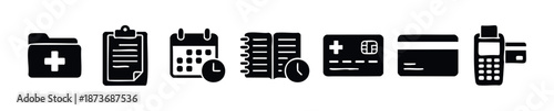 Comprehensive set of medical records, appointment scheduling, billing, and secure payment processing icons for healthcare management applications and digital platforms