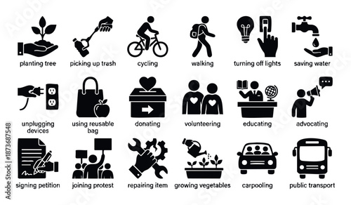 A versatile collection of glyph icons illustrating responsible environmental practices, community engagement, and sustainable living actions, ideal for educational content and public