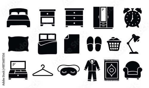 Comprehensive collection of black silhouette icons depicting essential bedroom furniture, sleep accessories, and home items for modern graphic resources and interior design applications.