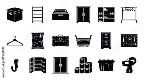 Collection of essential household storage and organization items presented as minimalist silhouette icons, perfect for home improvement guides, decluttering apps, and personal space