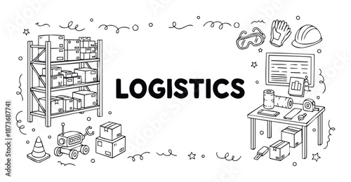 Exploring the intricate world of logistics operations and supply chain management with hand drawn elements showcasing warehousing, safety equipment, and shipping processes for commercial