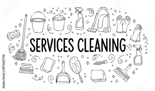 Comprehensive collection of hand drawn cleaning tools and equipment for professional services business promotion and home maintenance industry advertisements