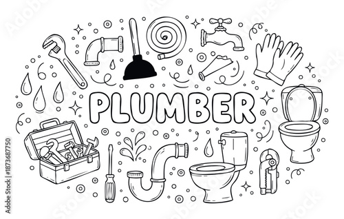 Hand drawn plumbing tools and essential fixtures collection surrounding the bold text PLUMBER, ideal for home repair services, maintenance workshops, and industry advertisements.