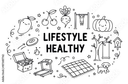 Dynamic black and white drawing promoting a healthy and active lifestyle with food, exercise, and outdoor elements for wellness publications and fitness campaigns.