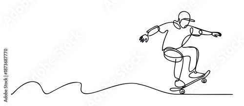 A dynamic continuous line drawing captures a skateboarder in motion performing an ollie trick over a flowing wavy ground, ideal for youth sports promotions or active lifestyle content.
