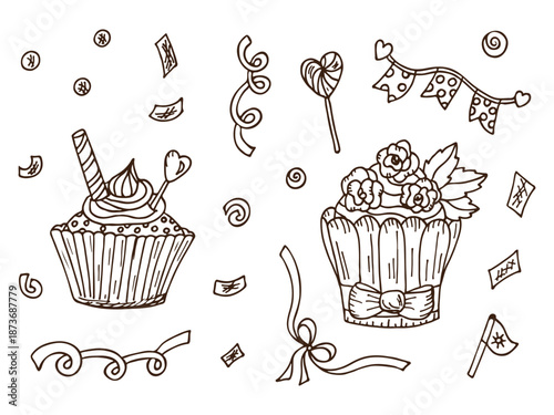 Sweets. Cupcakes - hand drawn doodle set. Holiday party attributes
