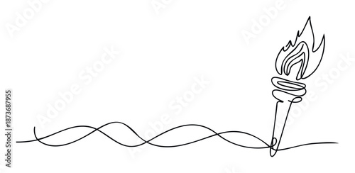 Continuous line drawing of an Olympic torch with a dynamic wavy path representing a journey or relay, perfect for sports event promotions, educational materials, or inspirational branding.