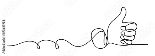 A single continuous line drawing creating a positive thumbs up gesture symbolizing approval and success for use in communication or user interface elements
