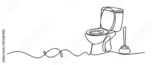 Single continuous line drawing portraying a modern toilet with an open lid and a standing plunger, ideal for plumbing business promotions or minimalist bathroom related content.