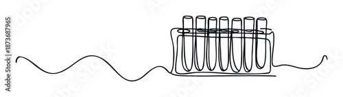 Minimalist continuous line drawing depicting multiple test tubes held in a rack with a dynamic flowing line, ideal for scientific innovation, laboratory equipment, and educational content.