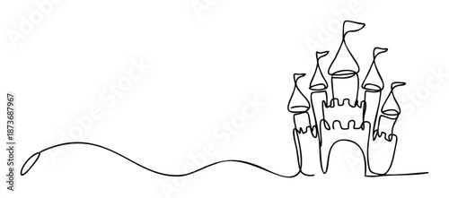 Continuous line drawing of a majestic fairytale castle silhouette with turrets and an archway, perfect for childrens books, greeting cards, or dreamthemed marketing materials.